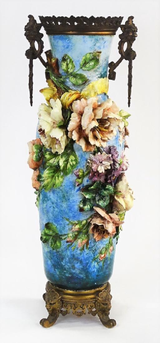 ANTIQUE FRENCH FAIENCE MAJOLICA & BRONZE VASE: Beautiful large antique French Faience Majolica bronze mounted vase with incredible floral design & detail in relief. Signed by the artist: E. Longlom AVG. Circa: Mid 18th Century. Measures 26" Tall x