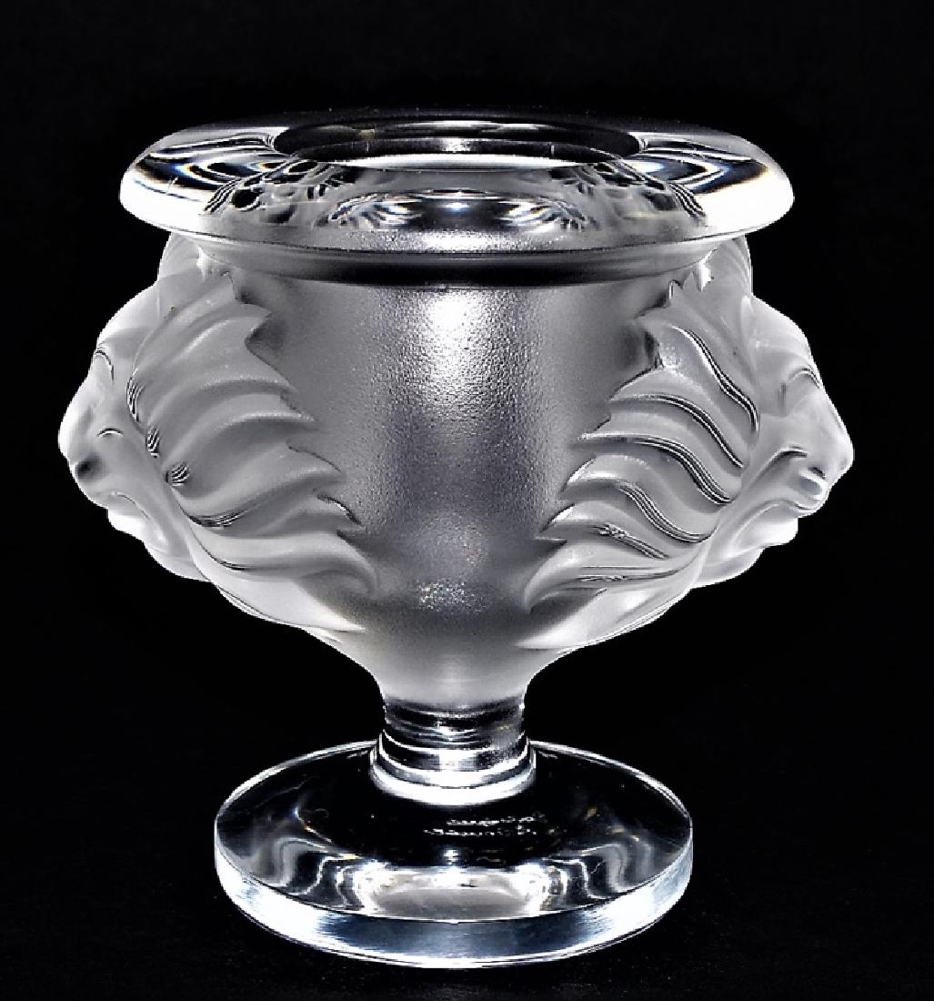 LALIQUE MOLDED & FROSTED CRYSTAL TETE DE LION CUP: Lalique - France molded and frosted "Tete de Lion" crystal cigarette cup. Originally part of a smoking accessory set. Has etched Lalique France signature to bottom. Measures approx. 3-3/4"H. Third par