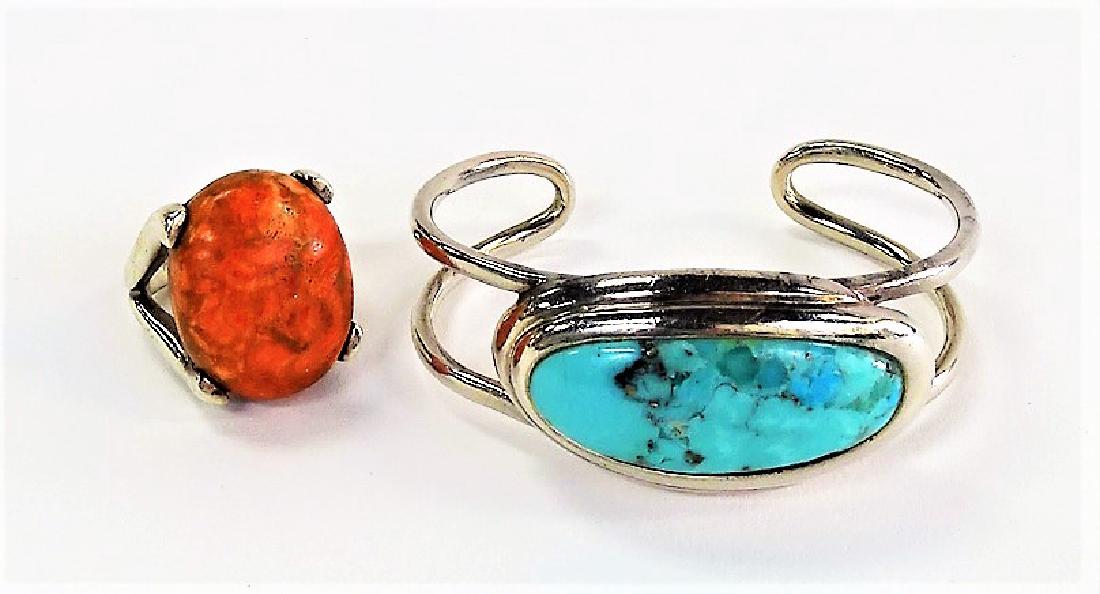 BARSE HEAVY STERLING TURQUOISE BANGLE CORAL RING (1 of 6)