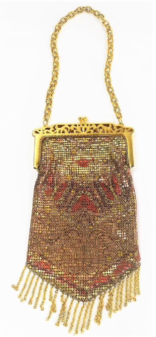 RARE ANNA SUI FOR WHITING & DAVIS MESH EVENING BAG: Rare and vintage Anna Sui for Whiting & Davis mesh evening bag, with goldtone metal frame, chain strap, and gold fabric lined interior. Includes original care card. Bag measures approx. 10"H x 5-1/4"W