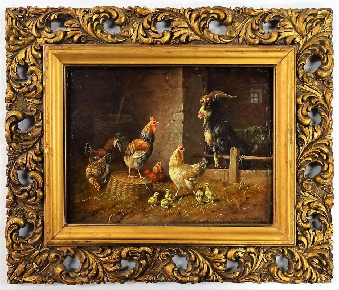 ADOLF D. NOWEY OIL ON PANEL BARNYARD SCENE PTG (1 of 6)