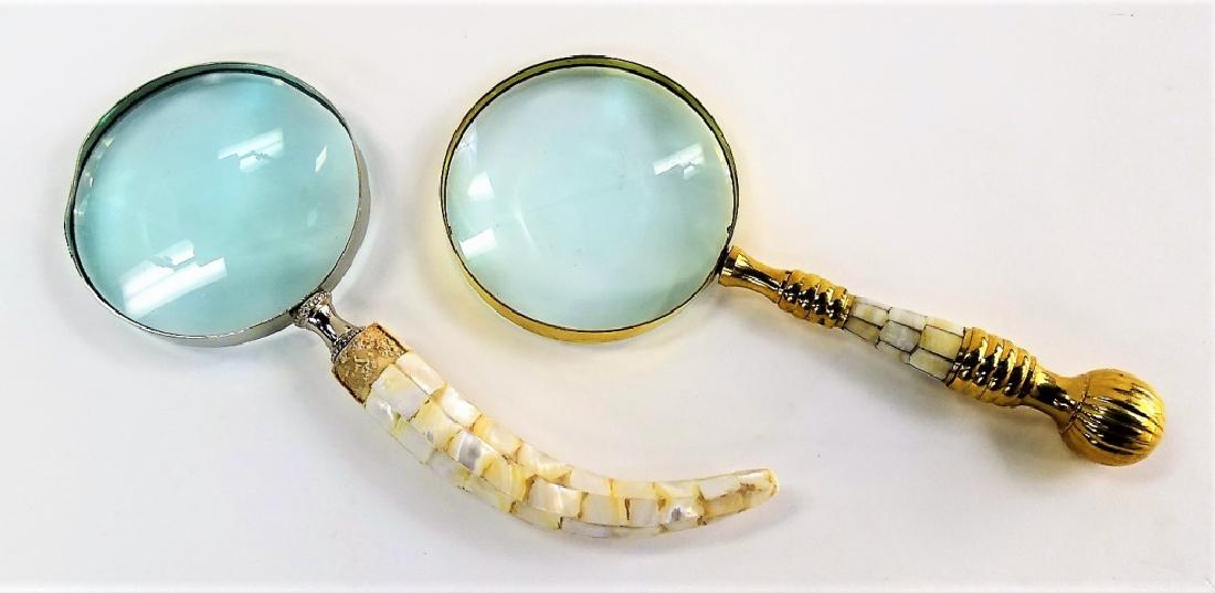 2 LARGE MOTHER OF PEARL MAGNIFYING GLASSES: Largest being about 10", minor loss we will not ship can refer local shippers