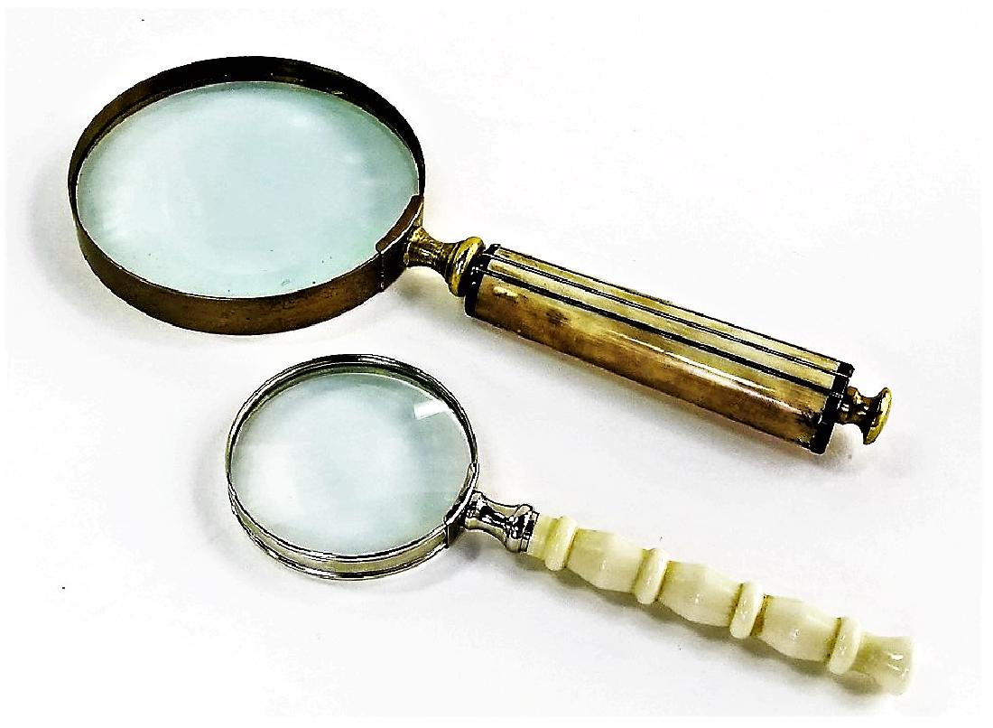 2 LARGE CARVED BONE HANDLE MAGNIFYING GLASSES: Longest being just under 12" long we will not ship can refer local shippers