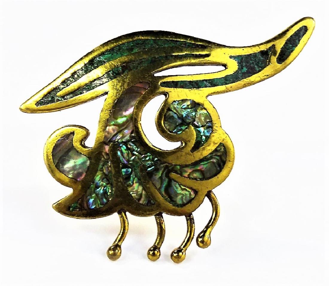 VINTAGE LOS CASTILLOS TAXCO PIN: Marked to back. Measures approx. 2" Long. Set with abalone inlay. Total weight: 12 grams. Shipping U.S. is $20 plus insurance.