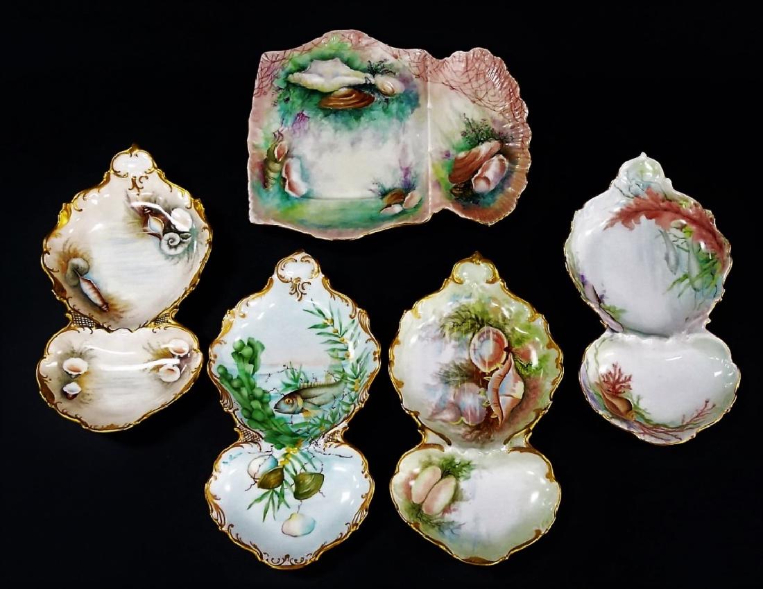 5 ANTIQUE H/P LIMOGES PORCELAIN OYSTER DISHES: Lot of five antique Limoges France porcelain oyster dishes, each being decorated with a hand-painted marine life scenes and gilt accents. Largest measures approx. 10-3/4"L x 9"W. Third party shipping 