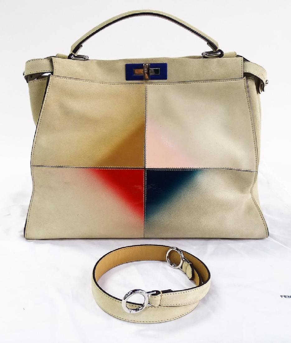 AUTHENTIC FENDI GRADIENT NUDE SUEDE TOTE BAG: Authentic Fendi large size "Peekaboo" tote shoulder bag, done in nude suede with multicolor gradient pattern, with flat top handle and shoulder strap. Having silver tone hardware, blue metal framing,