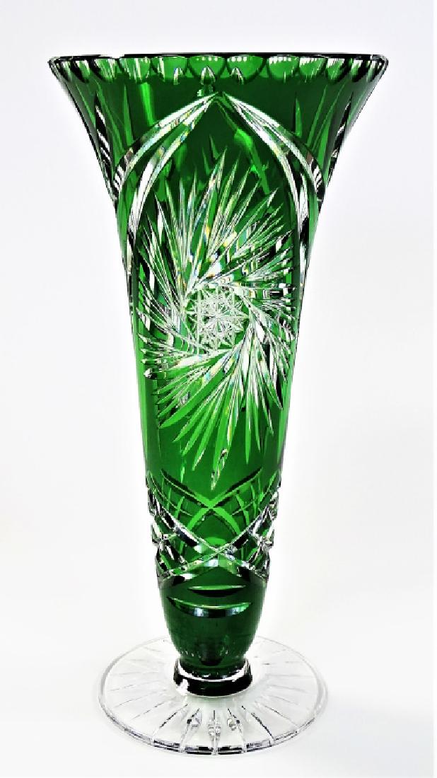 BOHEMIAN EMERALD CUT TO CLEAR FOOTED GLASS VASE (1 of 2)