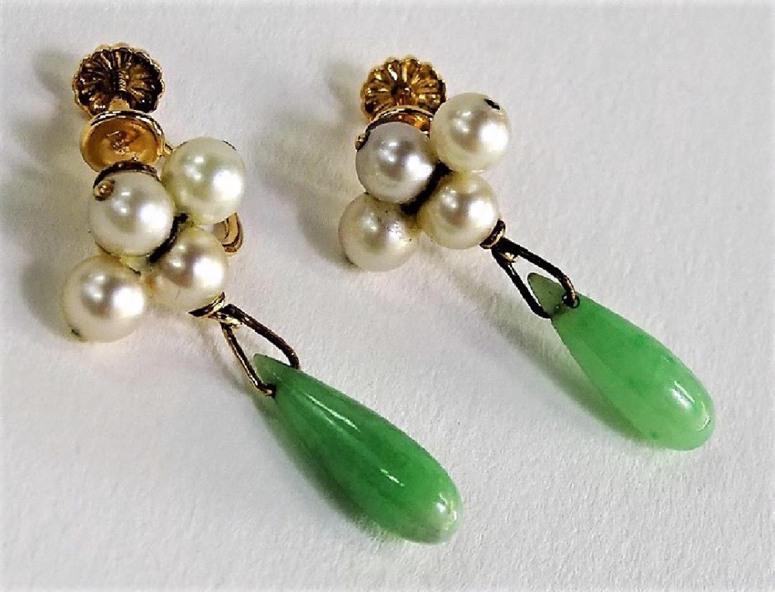 VINTAGE 14 KT Y GOLD JADE AND PEARL EARRINGS (1 of 4)