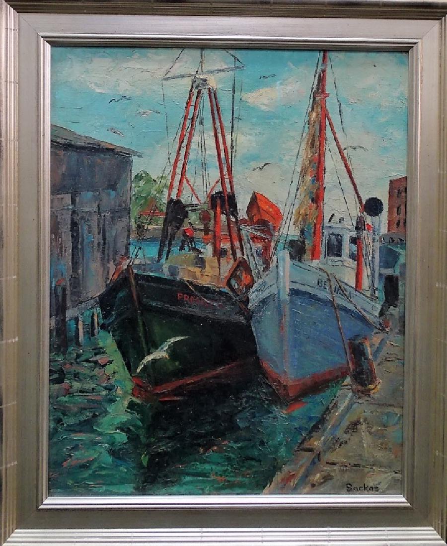 JOHN SACKAS ORIGINAL OIL/BOARD HARBOR SCENE PTG (1 of 3)