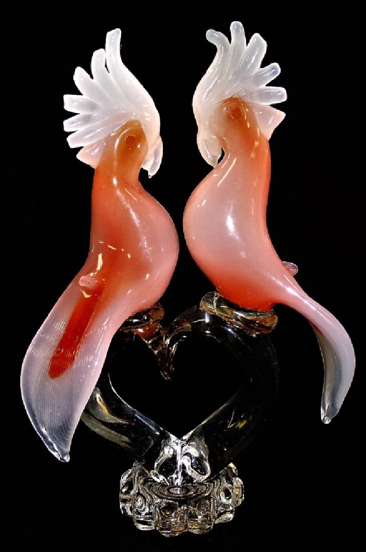 MURANO STYLE ITALIAN ART GLASS BIRD SCULPTURE: Vintage Murano style Italian blown art glass Cockatoo birds sculpture, done in peach and white colored glass applied to a colorless base. Unsigned. Stands approx. 10-3/4"H. Third party shipping requir