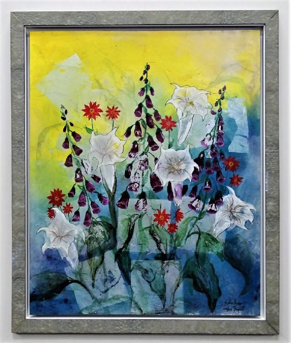 HEATHER DUNCAN ORIGINAL STILL LIFE OIL/PANEL PTG: Original oil on panel painting in depiction of still life flowers, titled 'Foxglove Bouquet'. Done by 20th century artist Heather Duncan. Hand-signed and titled in lower right. Overall measures approx