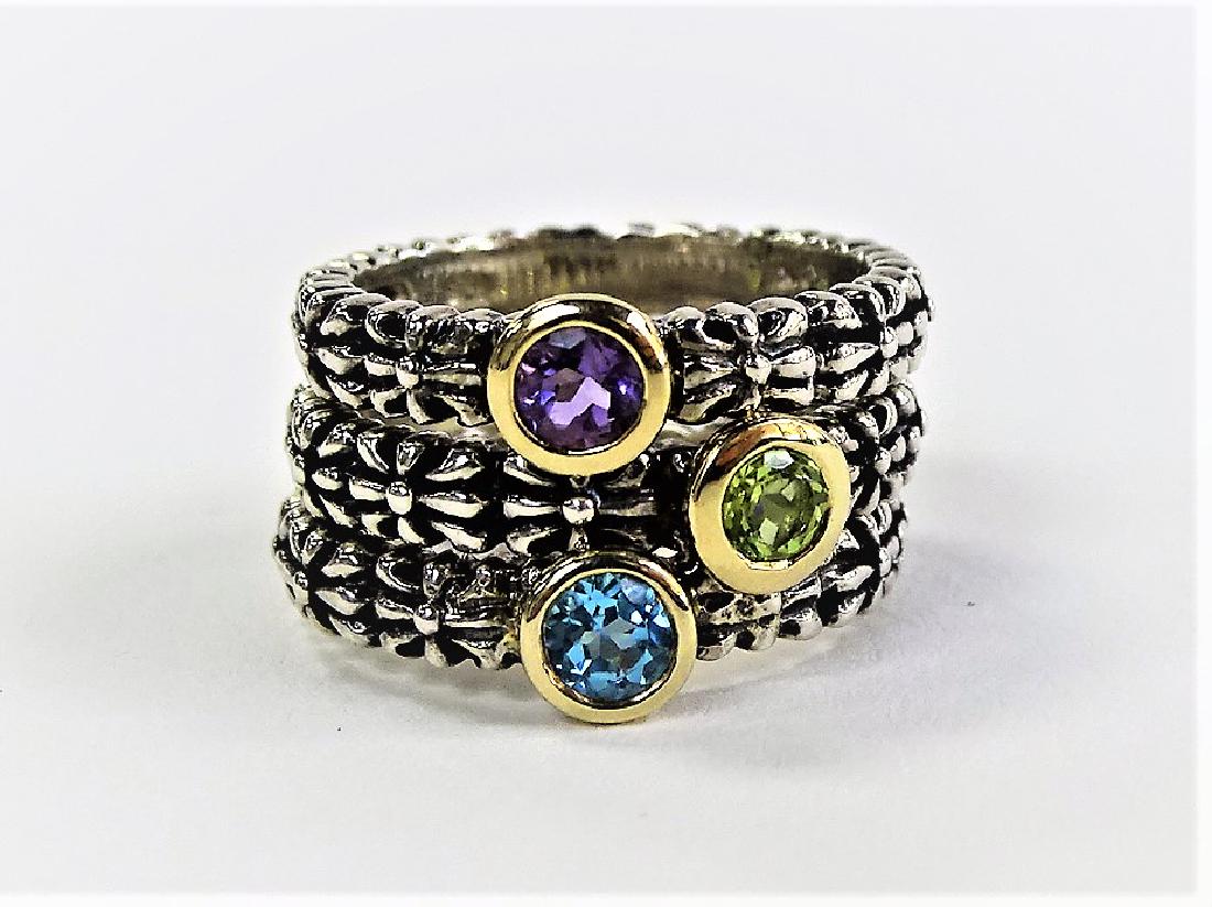3PC STERLING & 14K GOLD GEMSTONE STACKABLE RINGS: Each set with a polished gemstone. One set with amethyst, peridot & aquamarine. Marked 14K 925. Ring size 7. Total weight: 9.9 grams. Shipping U.S. $15 plus insurance.