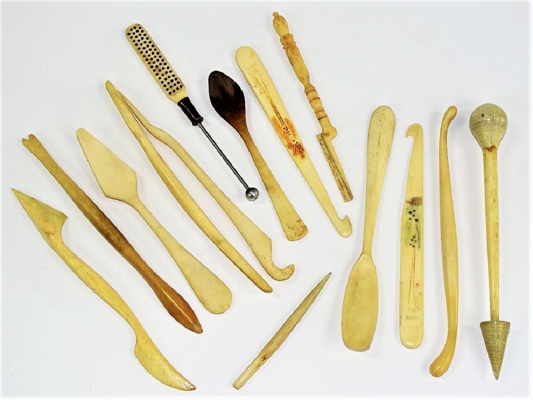 LOT OF 14 INUIT CARVED BONE IMPLIMENTS: All antique Eskimo from the early 20th century. Some in the group are signed. Shipping $20 plus insurance.