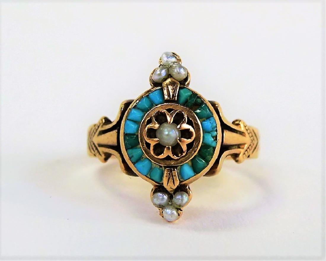 VICTORIAN 9KT YELLOW GOLD TURQUOISE & PEARL RING (1 of 4)