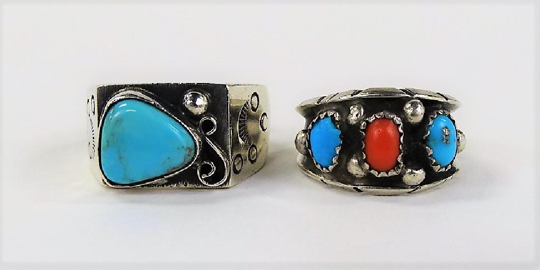TWO STERLING SILVER TURQUOISE & CORAL RINGS (1 of 4)