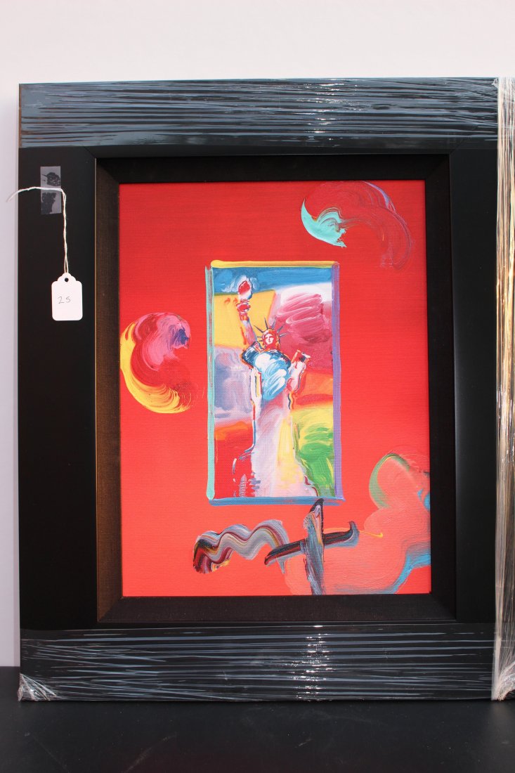 PETER MAX STATUE OF LIBERTY MIXED MEDIA ON CANVAS: approximately 12" X 16" plus beautiful black custom frameshipping U.S. $55