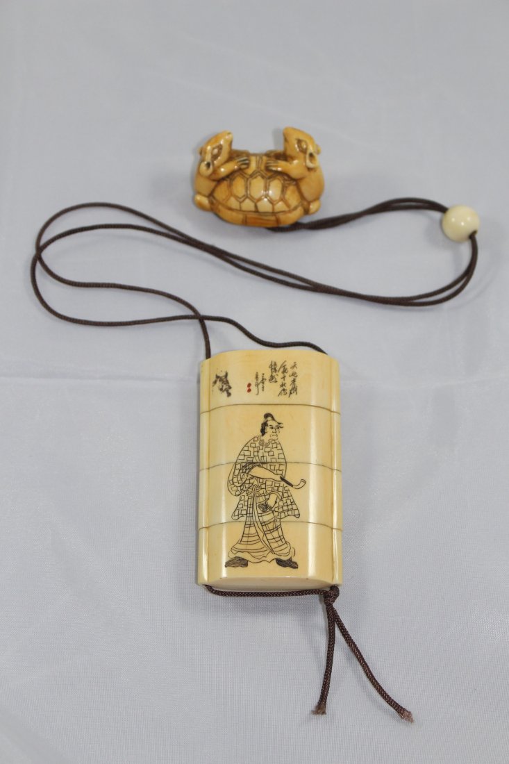 ANTIQUE IVORY SCENT BOX AND NETSUKE NECKLACE: 3 part carve ivory box, with pipe smoking man, along with 2 mice on a turtle shell, dates to the turn of the 20th century we do NOT condone the sale of endangered animals, this item was imported legal