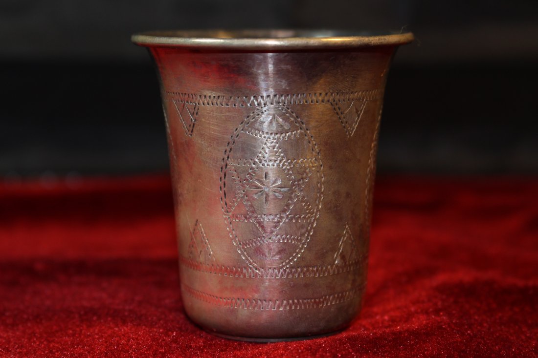 RUSSIAN ANTIQUE STERLING SILVER LARGE KIDDUSH CUP: Measures 3" tall, bears an Imperial crest mark, and 84 for Russian Silver. beautiful scroll work total weight 2 1/4 ozt shipping $20 plus ins