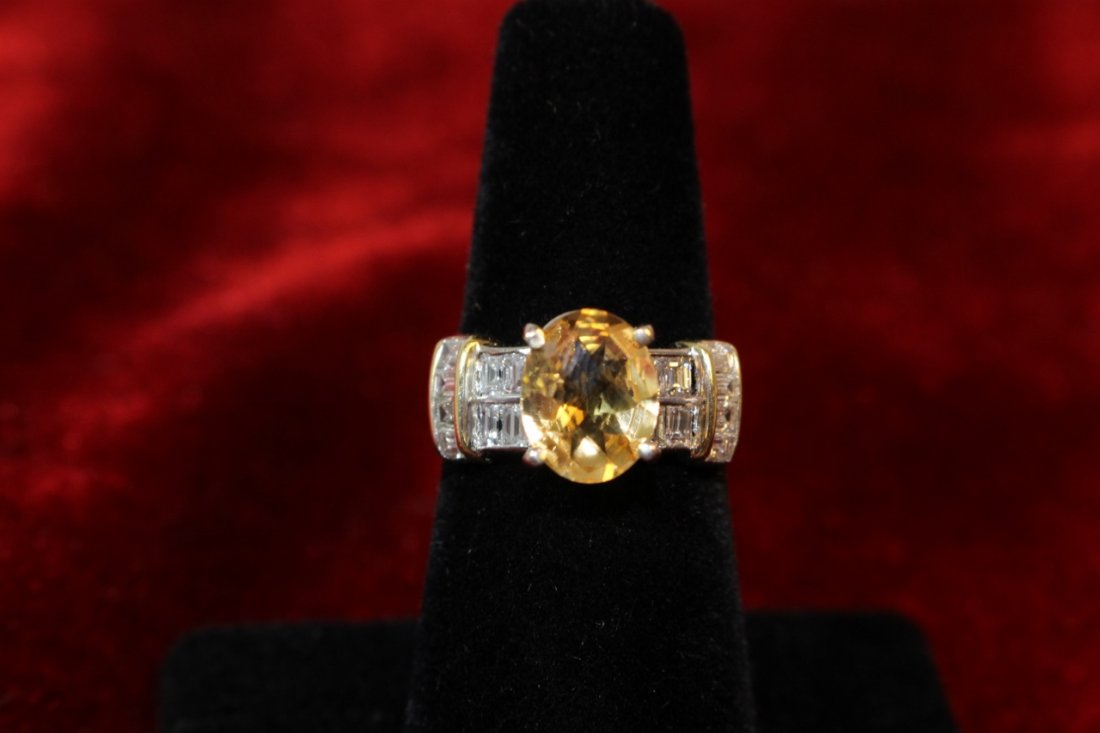 VINTAGE 18KT W GOLD CITRINE AND DIAMOND RING: Size 5, large 1 1/2ct citrine surrounded with baguette diamonds,5.7 DWT SHIPPING $20 PLUS INS U.S.