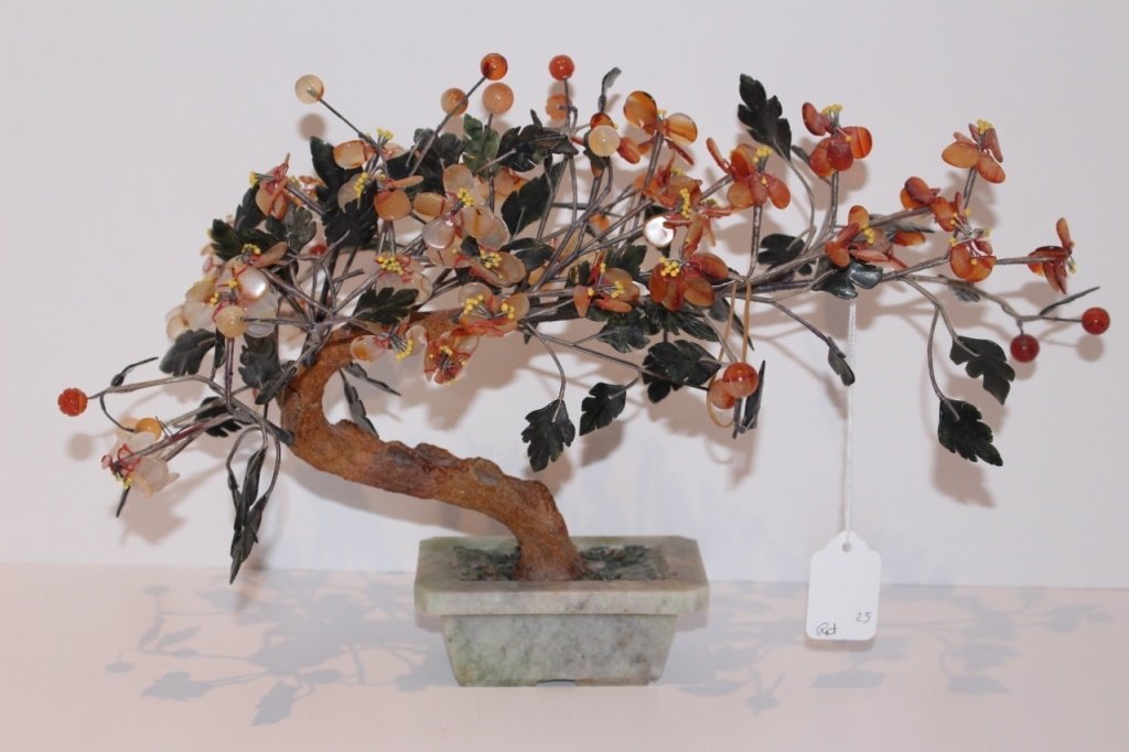 VINTAGE CHINESE JADE TREE: Consisting of Carnelian and jade. Tree measures about 8". Shipping to U.S. to be $35 plus insurance. Condition: Good.