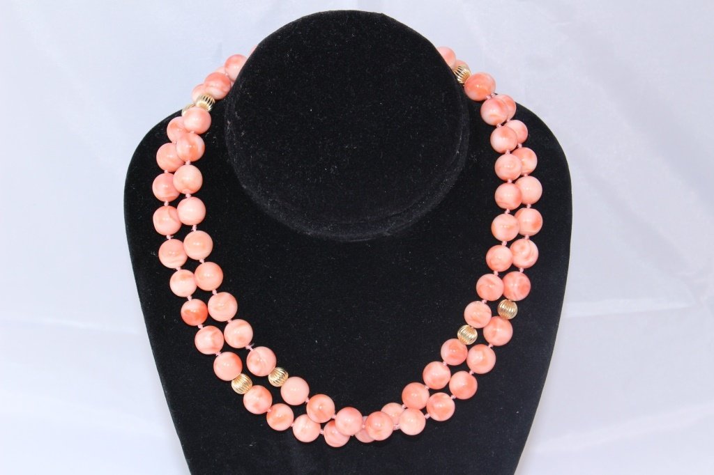 CHINESE CORAL AND 14KT GOLD SUITE: Opera length necklace, earrings, and bracelet, necklace measures 32" long, with 7 gold spacers, from a Palm Beach estate, total weight 64 DWT, SHIPPING $20 U.S. PLUS INS