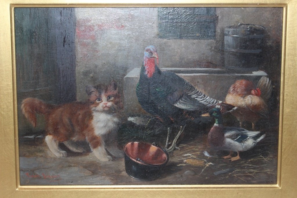 FRANZ BERNIER 19TH-20TH CENTURY OIL PAINTING: Listed artist noted for his farm animal paintings, 7" X 9 1/2" plus original frame, of a kitten, turkey and duck, painting signed lower left, original frame, some damage to frame, shipping U.S $75 plu