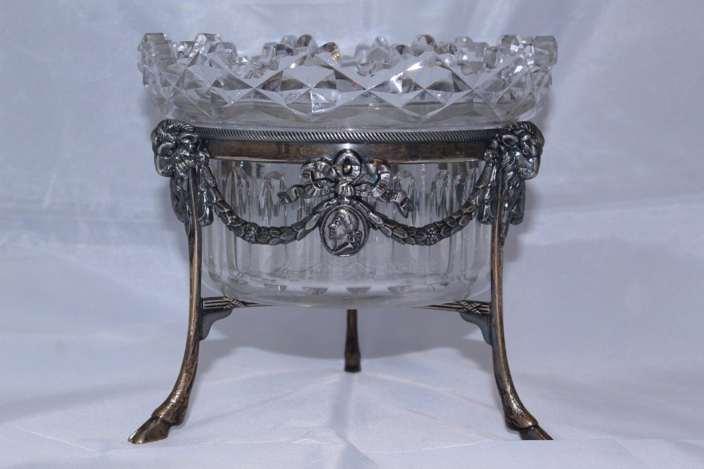 ANTIQUE PAIRPOINT CANDY STAND WITH GLASS INSERT: Measures 5" tall, and 6" wide, rams head finials,signe pairpoint, dates to the turn of the century, shipping $25 plus ins U.S.