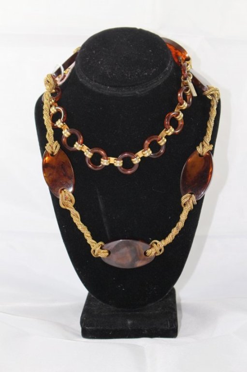YVES ST LAURENT AMBER STYLE & GOLD TONE BELT: Measures 36" in length. Signed, circa 1980's from the contessa estate. Shipping $25 plus insurance.