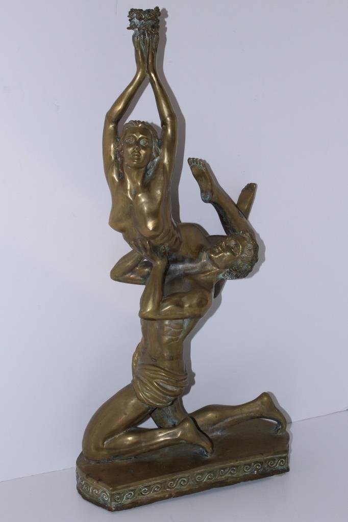 LARGE LOVELY BRONZE NUDE BALLET DANCERS: Stands 24" tall, with woman holding a pot for a candle, unsigned from a Miami Beach estate. very heavy shipping U.S. $65 plus ins