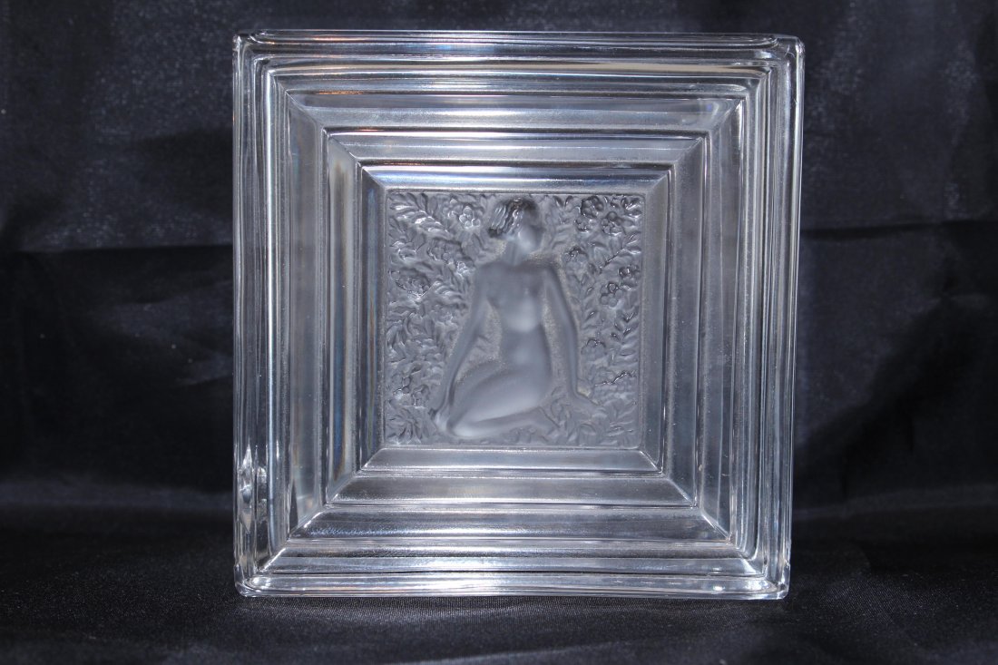SIGNED LALIQUE DUNCAN NUDE DRESSER BOX: Measures 4" square signed lalique France to base, note small bite to lid .. Shipping $20 U.S. plus ins