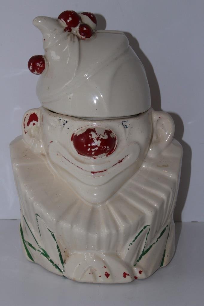 AUTHENTIC McCOY CLOWN COVERED COOKIE JAR: 11" Tall, signed McCoy to base, paint loss, circa 1930's from a large palm Beach deco collection we will NOT ship this lot but will recommend