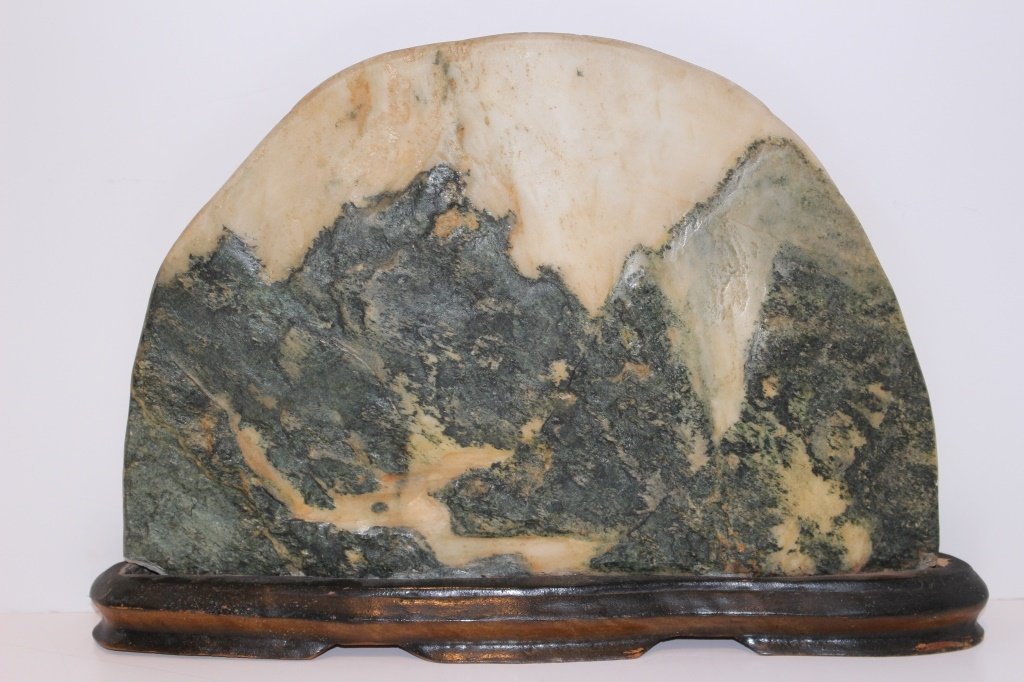 ANTIQUE CHINESE NATURAL JADE SCENIC SCULPTURE: 12 1/2 " wide, with original holder, purchased in an antique store in China, in the 1960's, depicts a mountain scene. we will not ship, can refer shippers