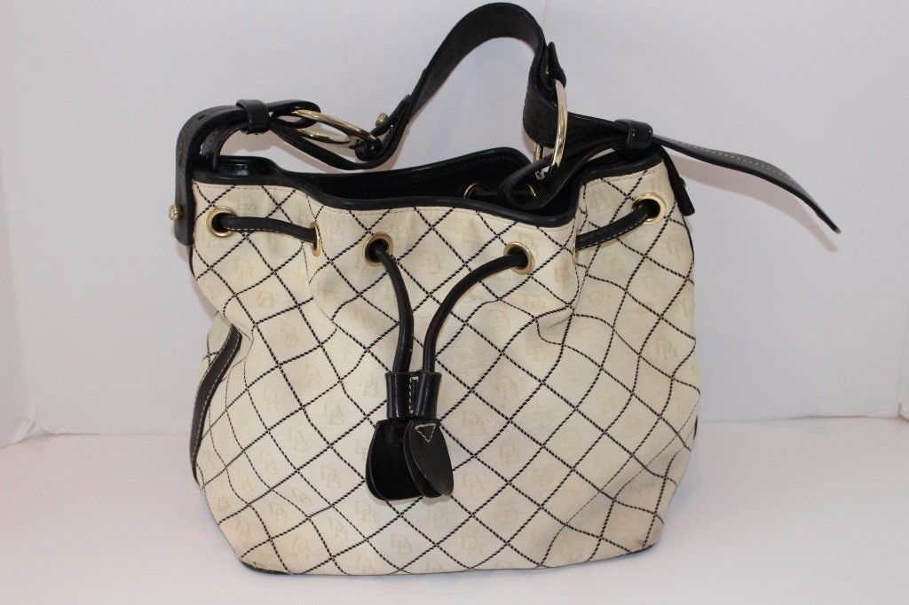 DOONEY AND BOURK LADIES WHITE BAG LEATHER TRIM: 12" Wide from a Miami Beach estate, shipping $25 plus ins, will combine
