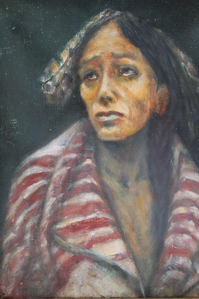 Bert Phillips (1868 - 1956 oil ptg/canvas Indian: Bert Geer Phillips was active/lived in New Mexico, California. Bert Phillips is known for Southwest Indian figure, landscape and genre painting. measures 8" x 10" depicting a sad American Indian, sign