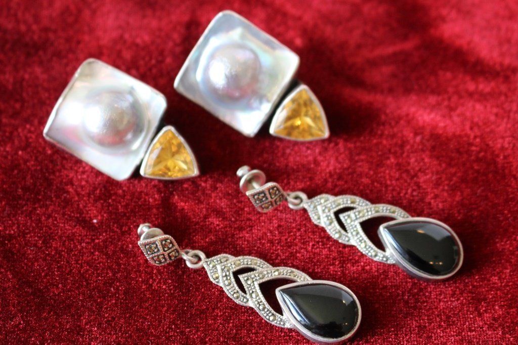 TWO PAIR OF MEXICAN STERLING VINTAGE EARRINGS: One with onyx and marcasite, the other with topaz and mother of pearl. Total weight 24.7 grams. Shipping $20 inside the U.S. plus insurance. Will combine shipping with multiple purchases.