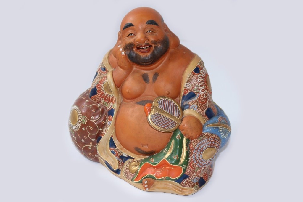 VINTAGE JAPANESE EARTHENWARE SATSUMA BUDDAH: Measures 9" tall, circa mid century, shipping $40 plus ins u.s.