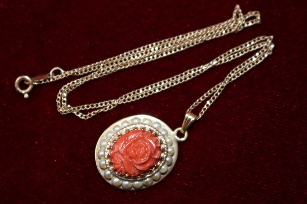 14KT YG CORAL AND SEED PEARL NECKLACE PENDANT (1 of 3)