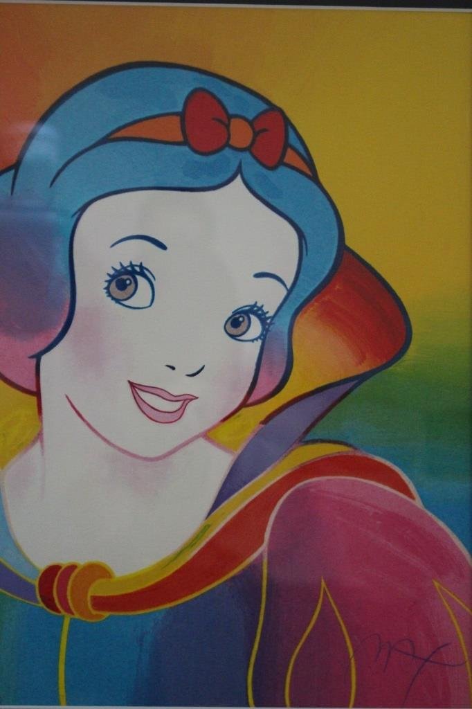 ORIGINAL PETER MAX "SNOW WHITE" SERIGRAPH W/ COA: One of America’s most famed graphic artists, Peter Max is best known for the use of psychedelic shapes and color palettes within his illustrated works. This limited edition serigraph on paper entitl
