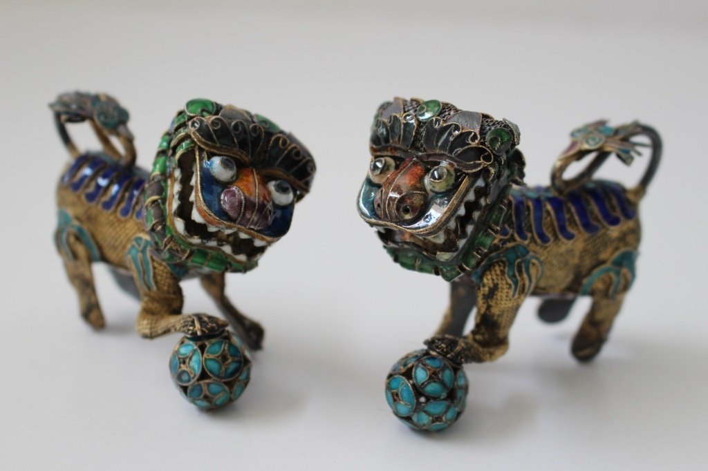 PAIR OF VINTAGE CHINESE SILVER MECHANICAL FOO DOGS (1 of 5)
