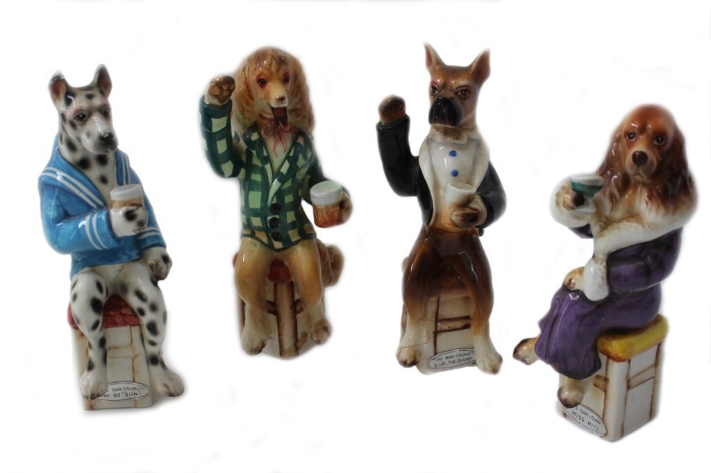 RARE SET OF 1950'S JAPANESE PORCELAIN BAR HOUNDS: By Enesco, each measures about 6 1/2" tall, we have miss ritz, slug the champ, the bo sun and one other, these 1950's Japanese imports are getting harder to find, shipping $30 plus ins u.s.