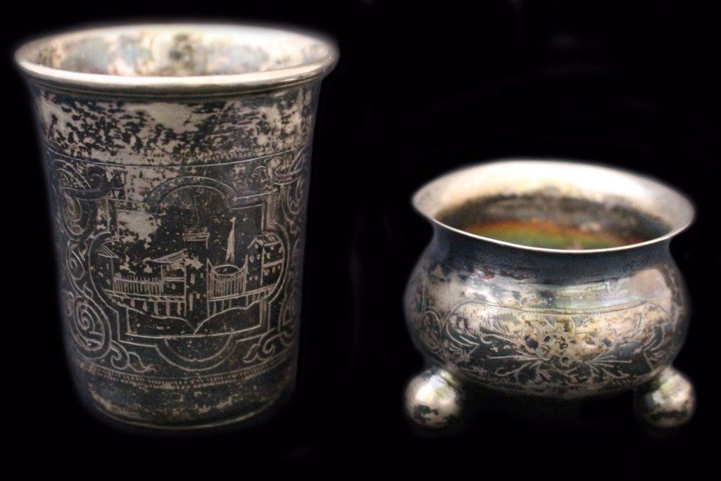 2 RUSSIAN ANTIQUE STERLING KIDDUSH CUP & SHAKER: 2 3/4 " Russian 84 cup,dated 1860, makers mark AA, weighs 57 grams along with a Russian footed salt celler dated 1883 makers mark c.hi total weight 37.4 grams , shipping $20 u.s. plus ins