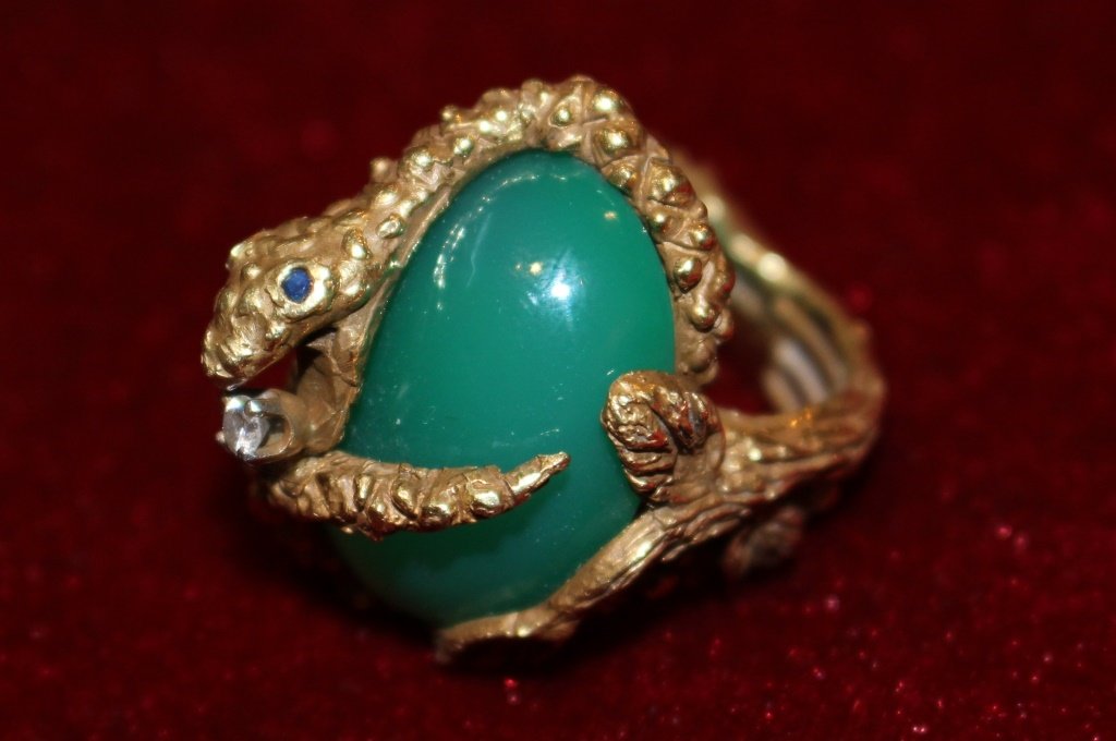 DESIGNER HAND MADE LG 18KT YG JADEITE SNAKE RING (1 of 5)
