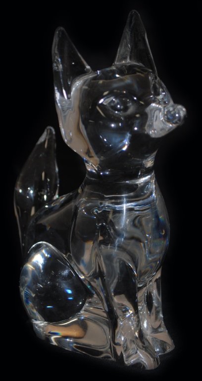 DAUM FRANCE CLEAR GLASS BUNNY & FOX FIGURES: Each signed Daum France to base. Bunny measures 10 3/4" tall. Fox measures 7" tall. Both are in excellent condition. No chips or cracks. Shipping inside the U.S. to be $40 plus insurance.