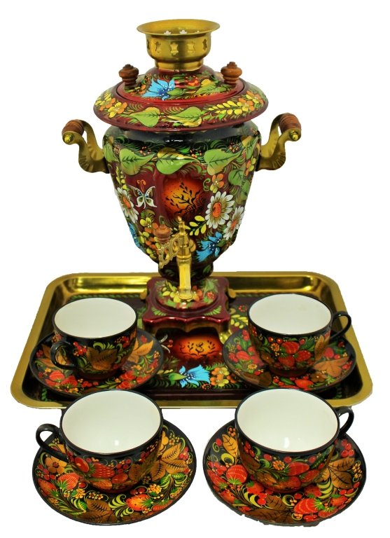 RUSSIAN CONTEMPORARY SAMOVAR,TRAY & 4 CUP SAUCERS (1 of 2)