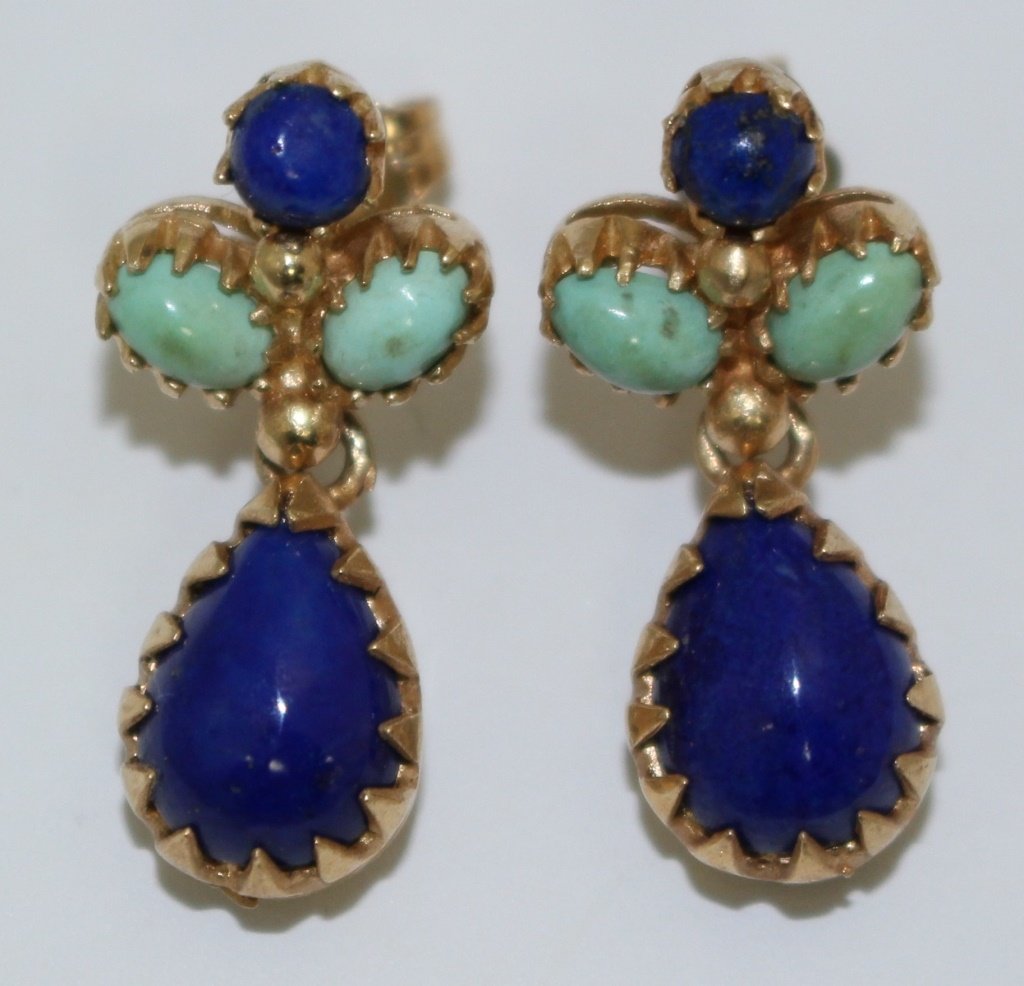 VINTAGE 14KT YG LAPIS &TURQUOISE EARRINGS (1 of 3)