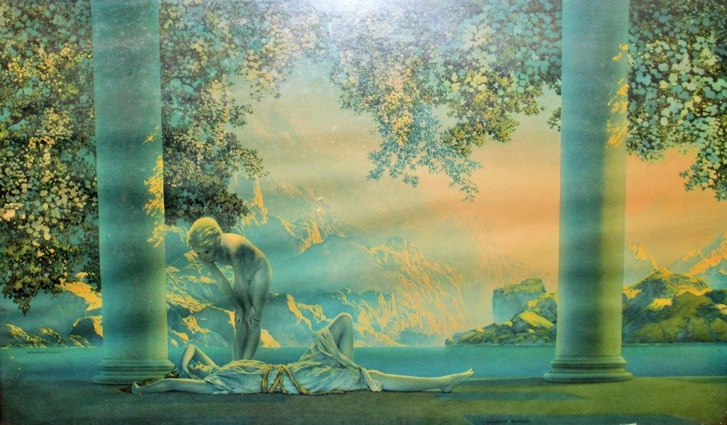 DAYBREAK BY MAXFIELD PARRISH 1920's ORIGINAL FRAME: In the 1920's one out of every four homes in the United States had a Parrish print hanging. One of his most popular "Daybreak" offered here in excellent condition. Measures 17 1/2" X 29 1/2" plus orig