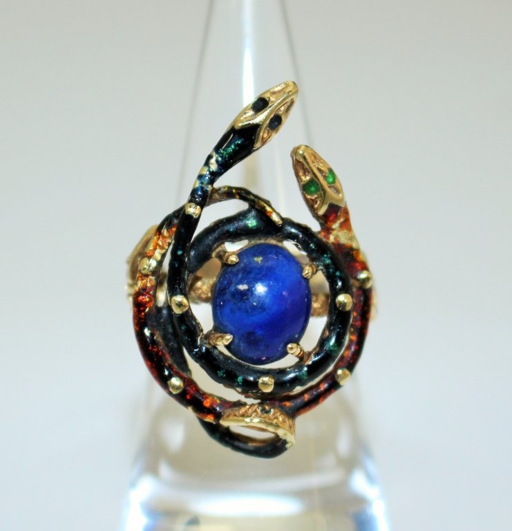 ESTATE 14KT YELLOW GOLD LAPIS & ENAMEL SNAKE RING (1 of 3)