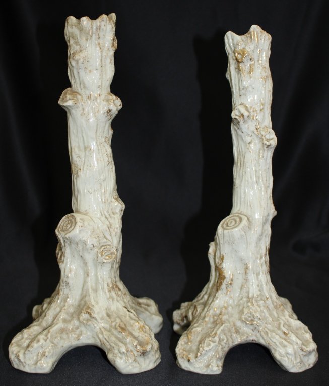 PAIR OF 19TH CENTURY SITZENDORF TALL CANDLESTICKS: Each bares the Voight Bros cross mark under glaze. Each measure 12" tall. Very good condition. Shipping $40 plus insurance. We will combine shipping with multiple purchases.