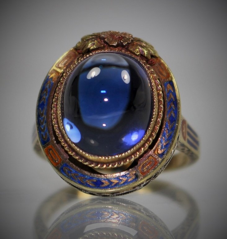 ESTATE 14KT GOLD & ENAMEL BLUE MOONSTONE RING (1 of 5)