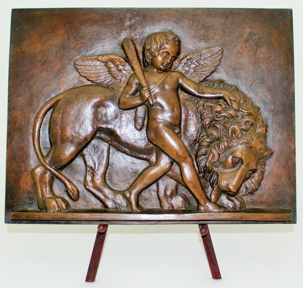 BRONZE RELIEF CHERUB AND LION PLAQUE (1 of 2)